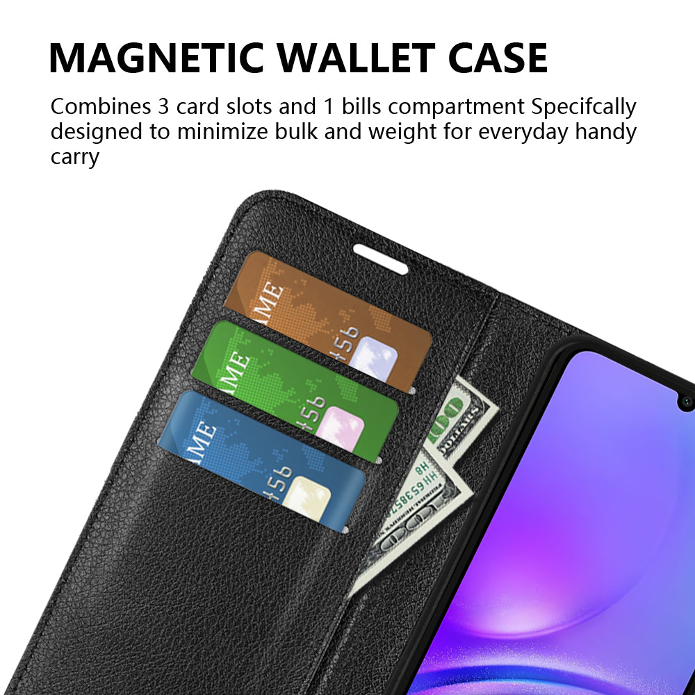 For Samsung Galaxy A06 Case Litchi Texture Shockproof Leather Wallet Phone Cover - Black