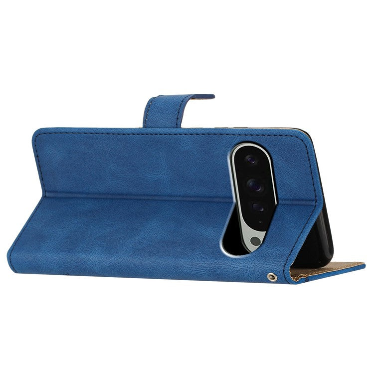For Google Pixel 9 / 9 Pro Case Crazy Horse Texture PU Leather Wallet Stand Phone Cover - Blue