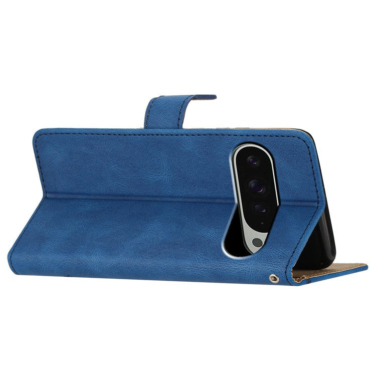 For Google Pixel 9 Pro XL Case Crazy Horse Texture PU Leather Wallet Stand Phone Cover - Blue