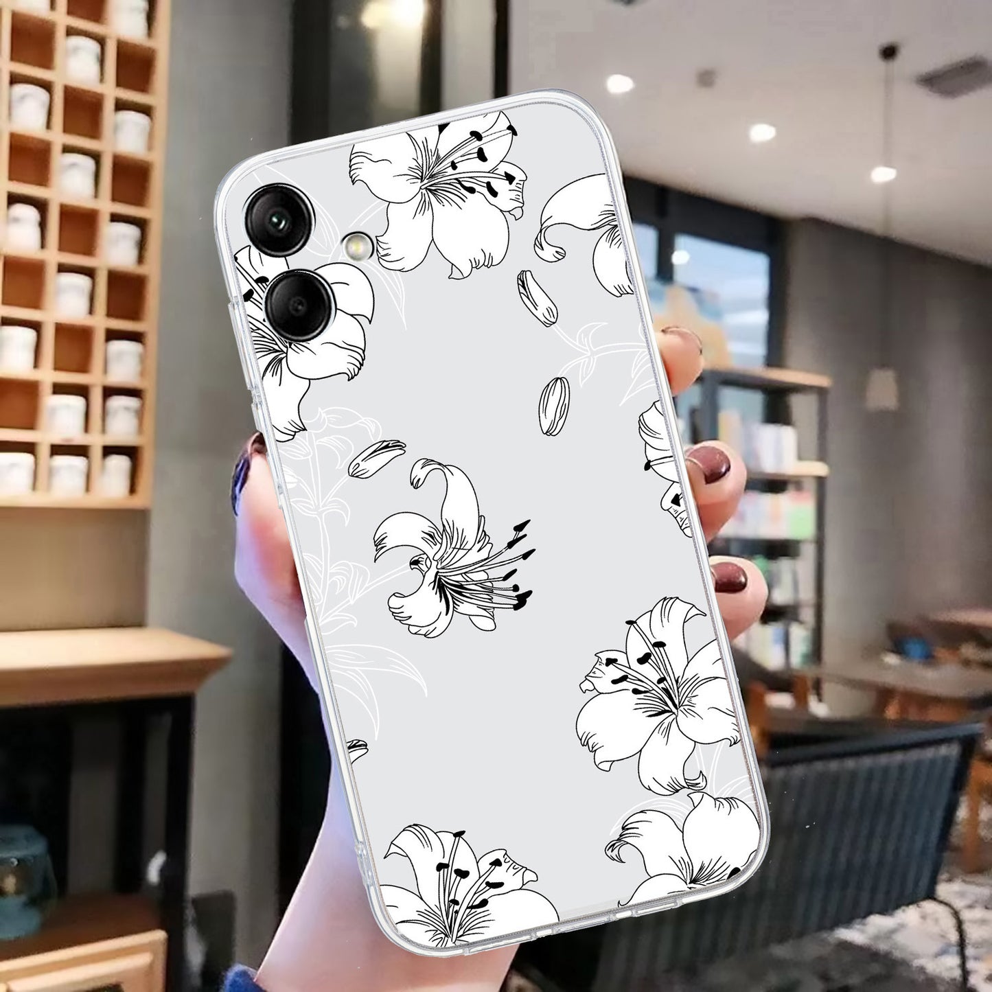 For Samsung Galaxy A06 Case Pattern Printing Soft TPU Back Phone Cover - Line White Flower