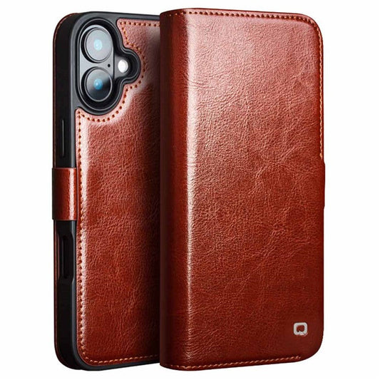 QIALINO For iPhone 16 Plus Case TPU+Genuine Cow Leather Wallet Phone Cover - Brown