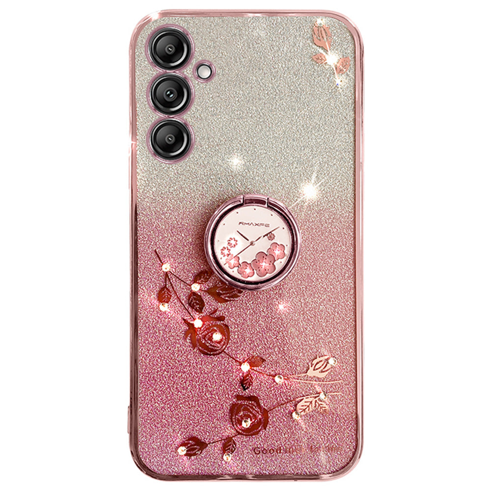 KADEM For Samsung Galaxy A16 5G / A16 4G 5G Case Ring Kickstand TPU Flowers Phone Cover Gradient Glitter - Rose Gold