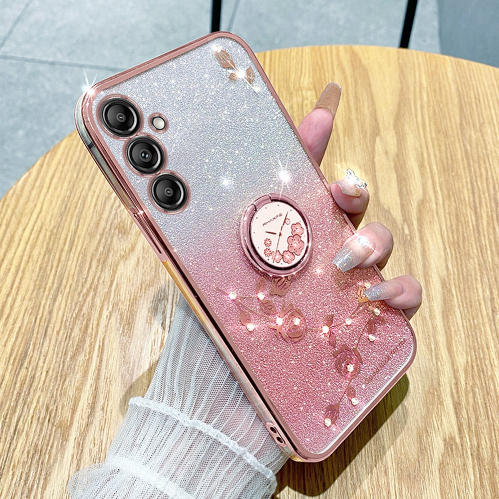 KADEM For Samsung Galaxy A16 5G / A16 4G 5G Case Ring Kickstand TPU Flowers Phone Cover Gradient Glitter - Rose Gold