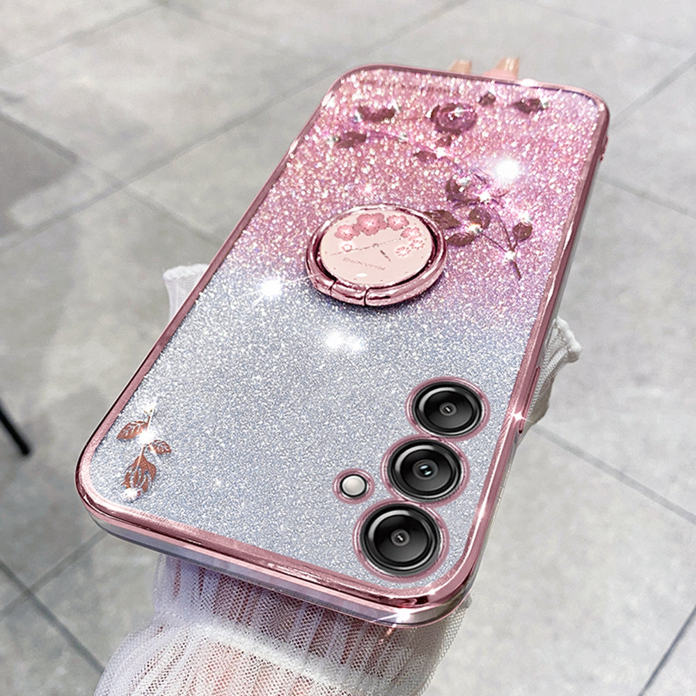 KADEM For Samsung Galaxy A16 5G / A16 4G 5G Case Ring Kickstand TPU Flowers Phone Cover Gradient Glitter - Rose Gold