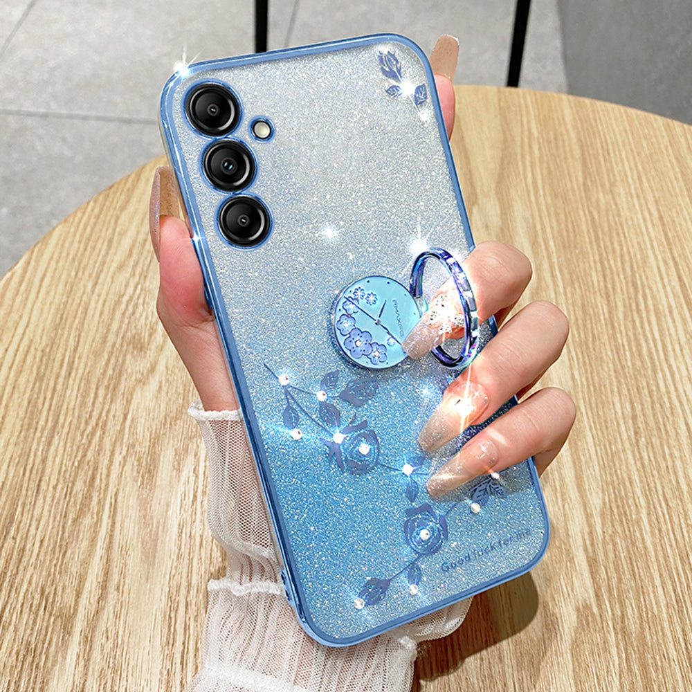 KADEM For Samsung Galaxy A16 5G / A16 4G 5G Case Ring Kickstand TPU Flowers Phone Cover Gradient Glitter - Rose Gold