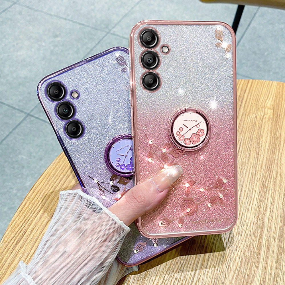 KADEM For Samsung Galaxy A16 5G / A16 4G 5G Case Ring Kickstand TPU Flowers Phone Cover Gradient Glitter - Rose Gold