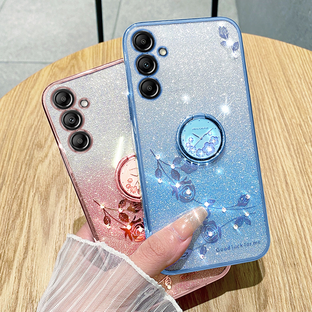 KADEM For Samsung Galaxy A16 5G / A16 4G 5G Case Ring Kickstand TPU Flowers Phone Cover Gradient Glitter - Rose Gold