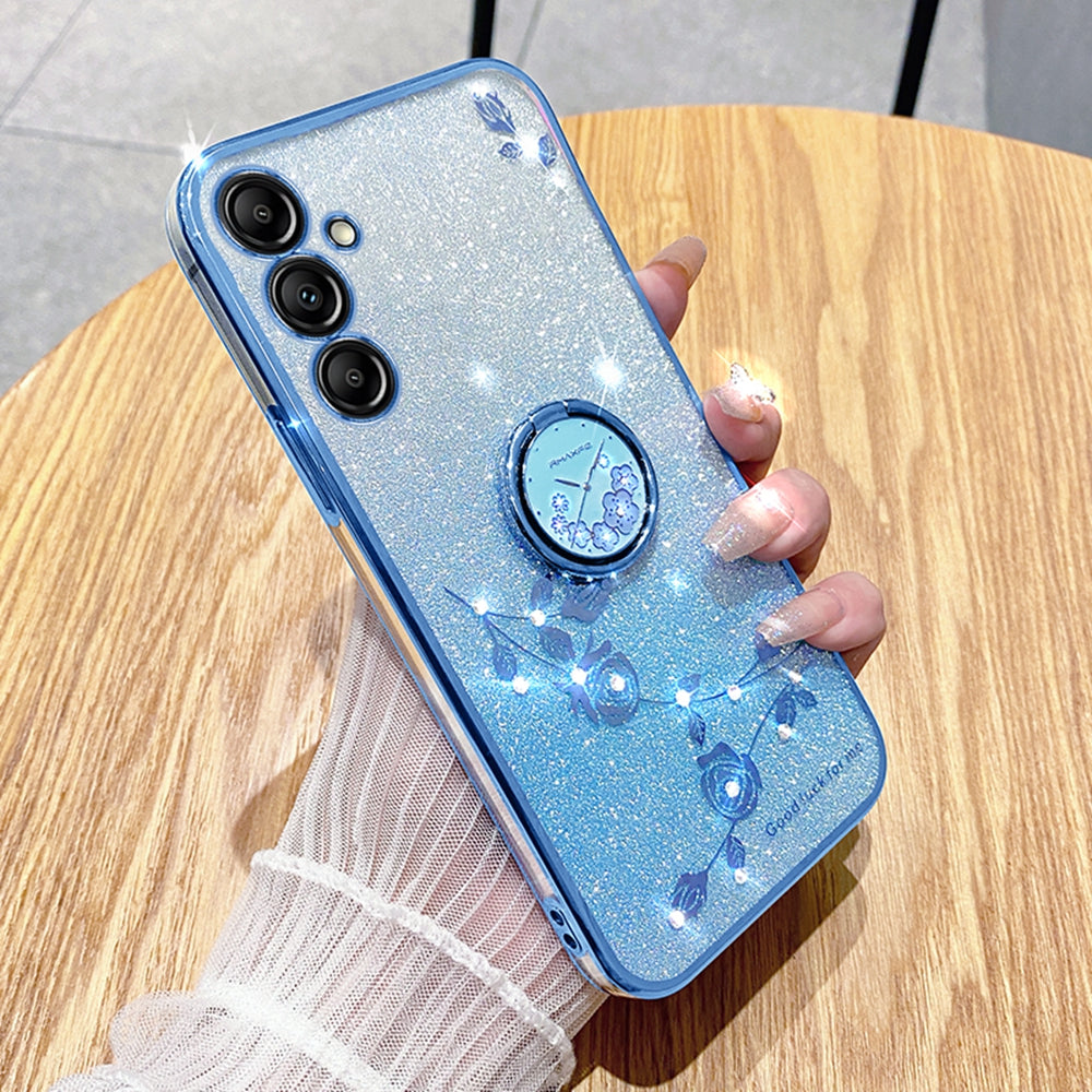 KADEM For Samsung Galaxy A16 5G / A16 4G 5G Case Ring Kickstand TPU Flowers Phone Cover Gradient Glitter - Blue