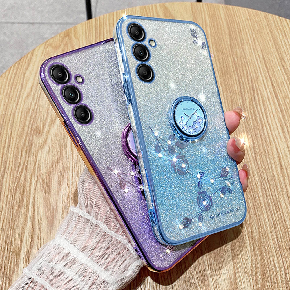 KADEM For Samsung Galaxy A16 5G / A16 4G 5G Case Ring Kickstand TPU Flowers Phone Cover Gradient Glitter - Blue