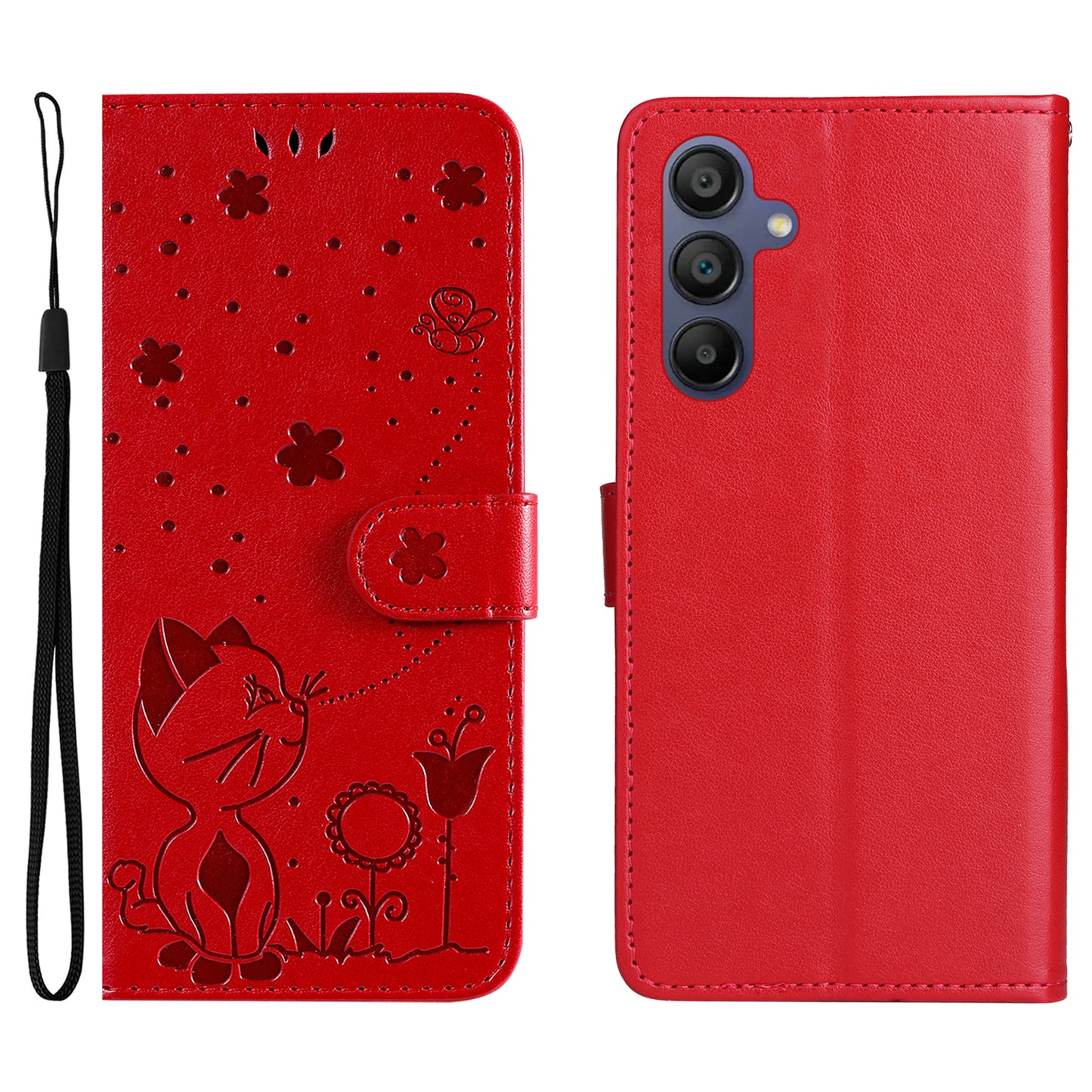 KT Imprinting Flower Series-4 For Samsung Galaxy A16 5G / A16 4G Case Cat Bee Pattern Flip Leather Phone Cover - Red