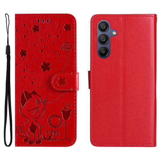 KT Imprinting Flower Series-4 For Samsung Galaxy A16 5G / A16 4G Case Cat Bee Pattern Flip Leather Phone Cover - Red