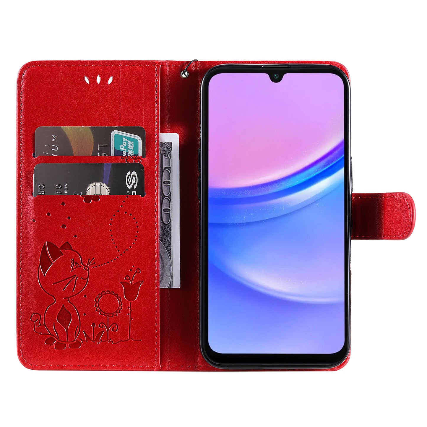 KT Imprinting Flower Series-4 For Samsung Galaxy A16 5G / A16 4G Case Cat Bee Pattern Flip Leather Phone Cover - Red