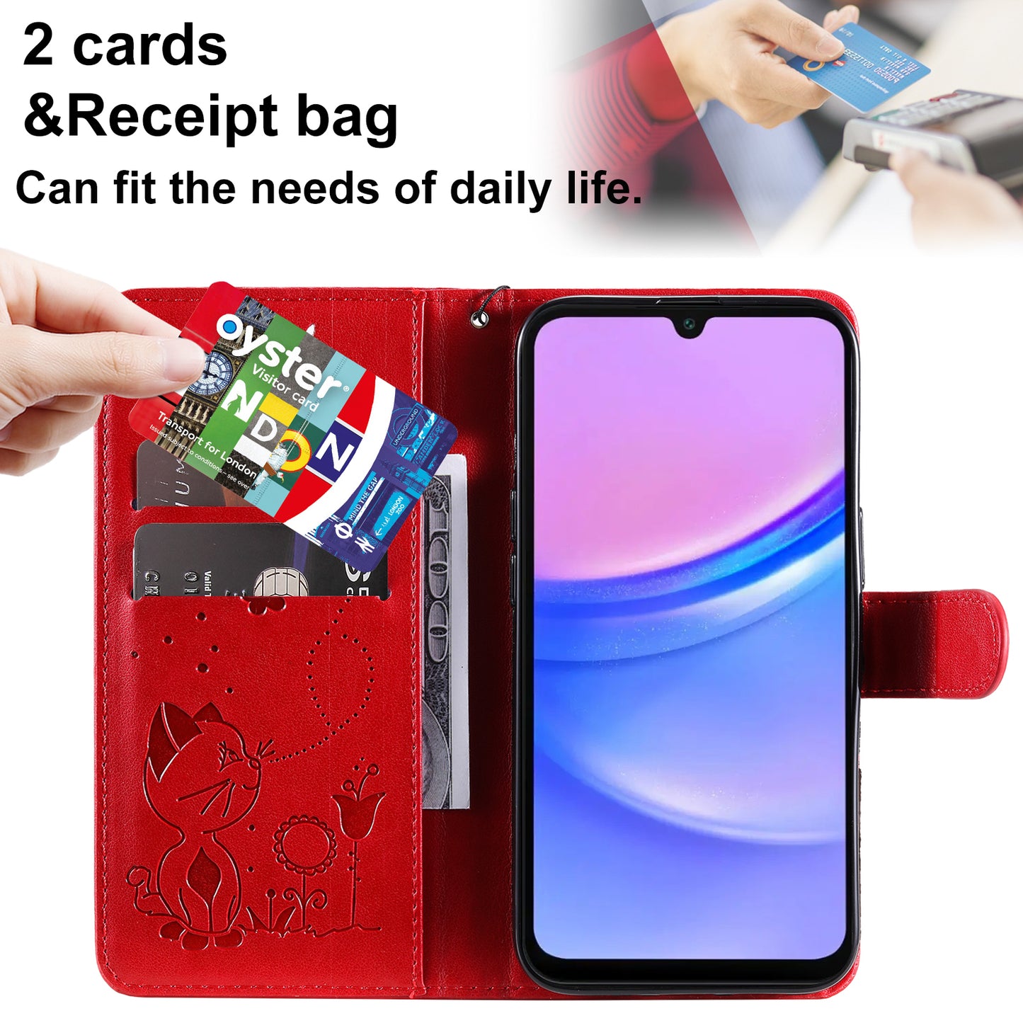 KT Imprinting Flower Series-4 For Samsung Galaxy A16 5G / A16 4G Case Cat Bee Pattern Flip Leather Phone Cover - Red