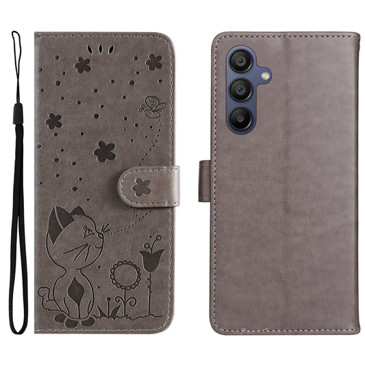 KT Imprinting Flower Series-4 For Samsung Galaxy A16 5G / A16 4G Case Cat Bee Pattern Flip Leather Phone Cover - Grey