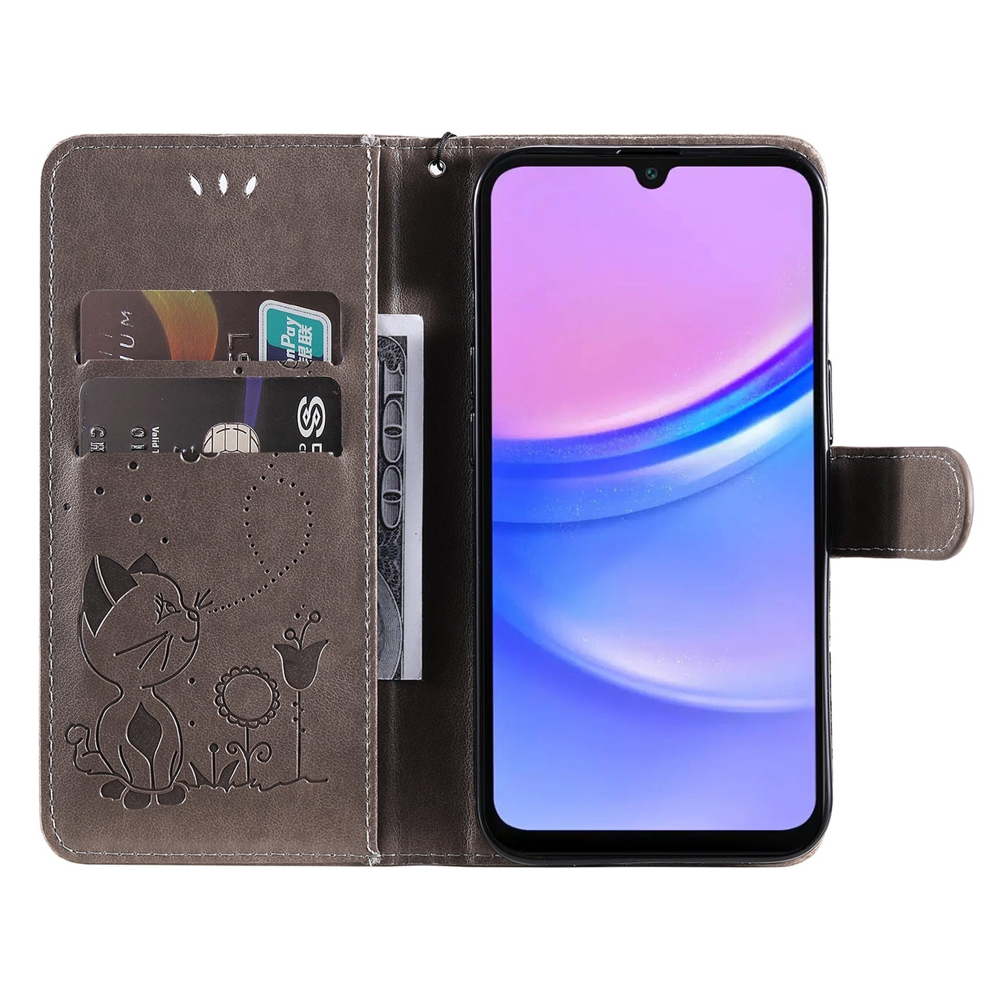 KT Imprinting Flower Series-4 For Samsung Galaxy A16 5G / A16 4G Case Cat Bee Pattern Flip Leather Phone Cover - Grey