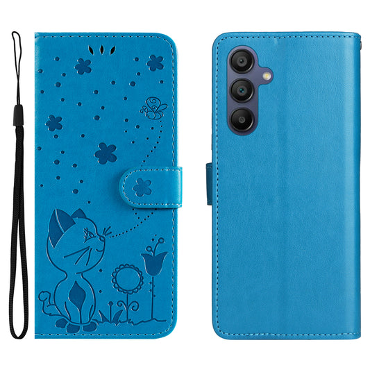 KT Imprinting Flower Series-4 For Samsung Galaxy A16 5G / A16 4G Case Cat Bee Pattern Flip Leather Phone Cover - Blue