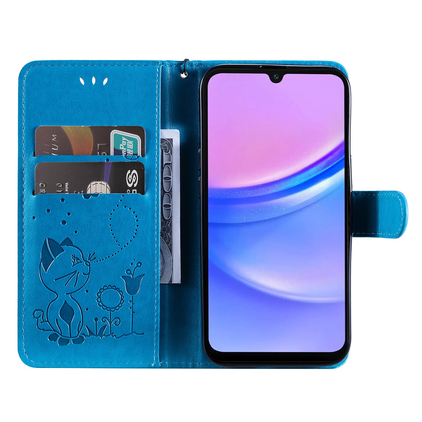 KT Imprinting Flower Series-4 For Samsung Galaxy A16 5G / A16 4G Case Cat Bee Pattern Flip Leather Phone Cover - Blue