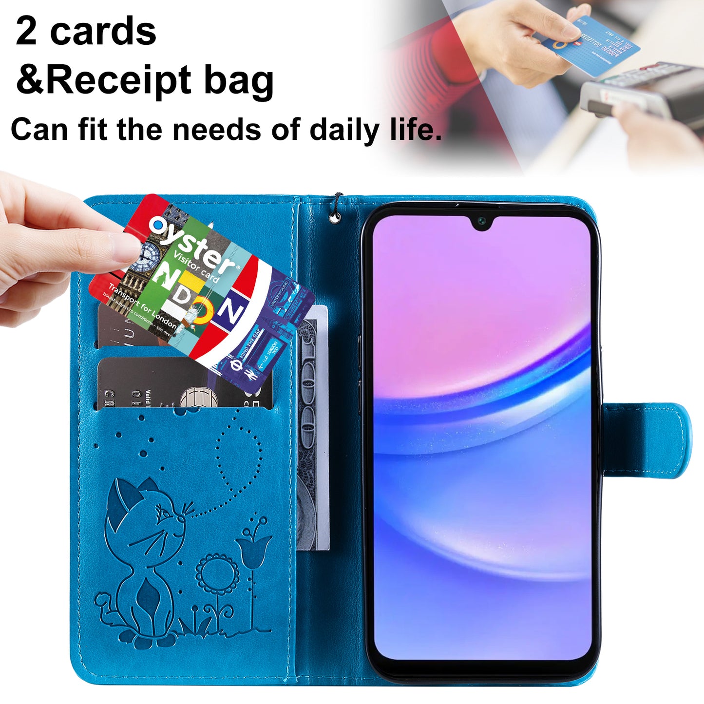 KT Imprinting Flower Series-4 For Samsung Galaxy A16 5G / A16 4G Case Cat Bee Pattern Flip Leather Phone Cover - Blue