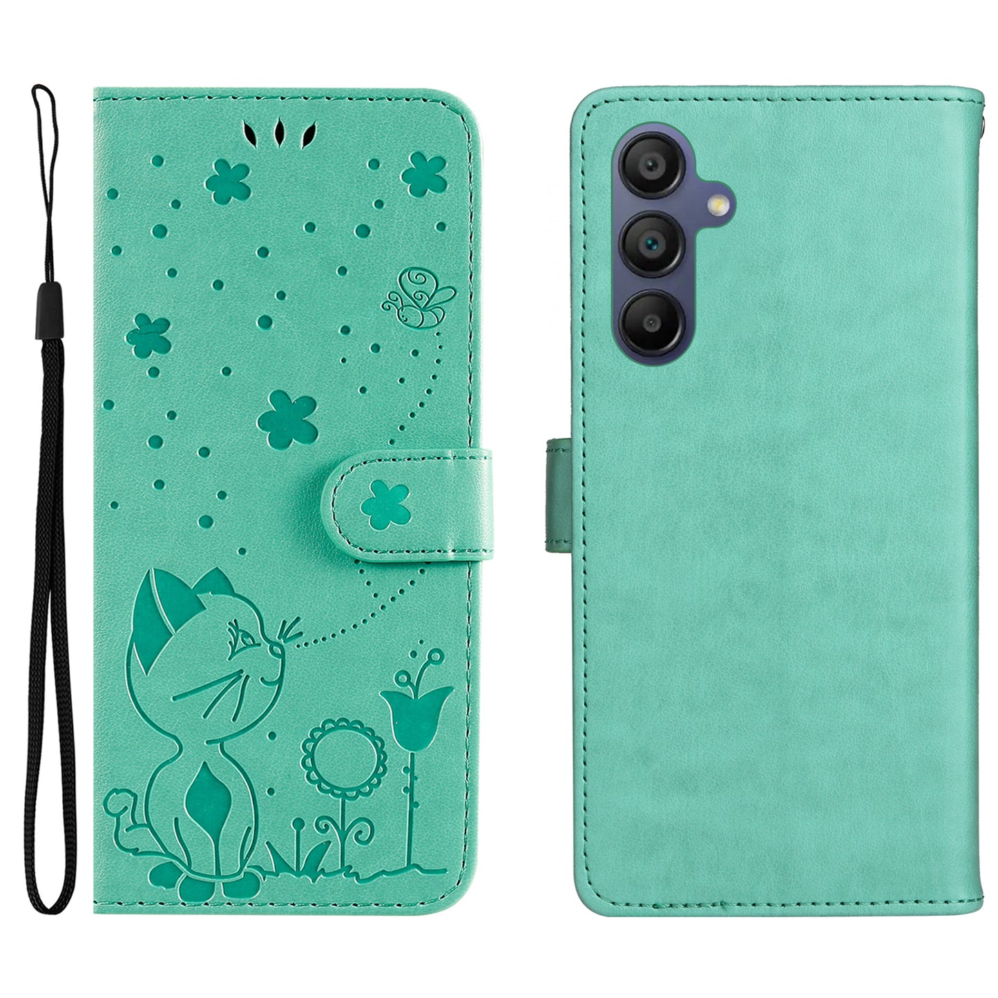 KT Imprinting Flower Series-4 For Samsung Galaxy A16 5G / A16 4G Case Cat Bee Pattern Flip Leather Phone Cover - Green