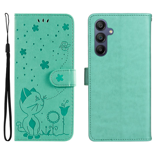KT Imprinting Flower Series-4 For Samsung Galaxy A16 5G / A16 4G Case Cat Bee Pattern Flip Leather Phone Cover - Green