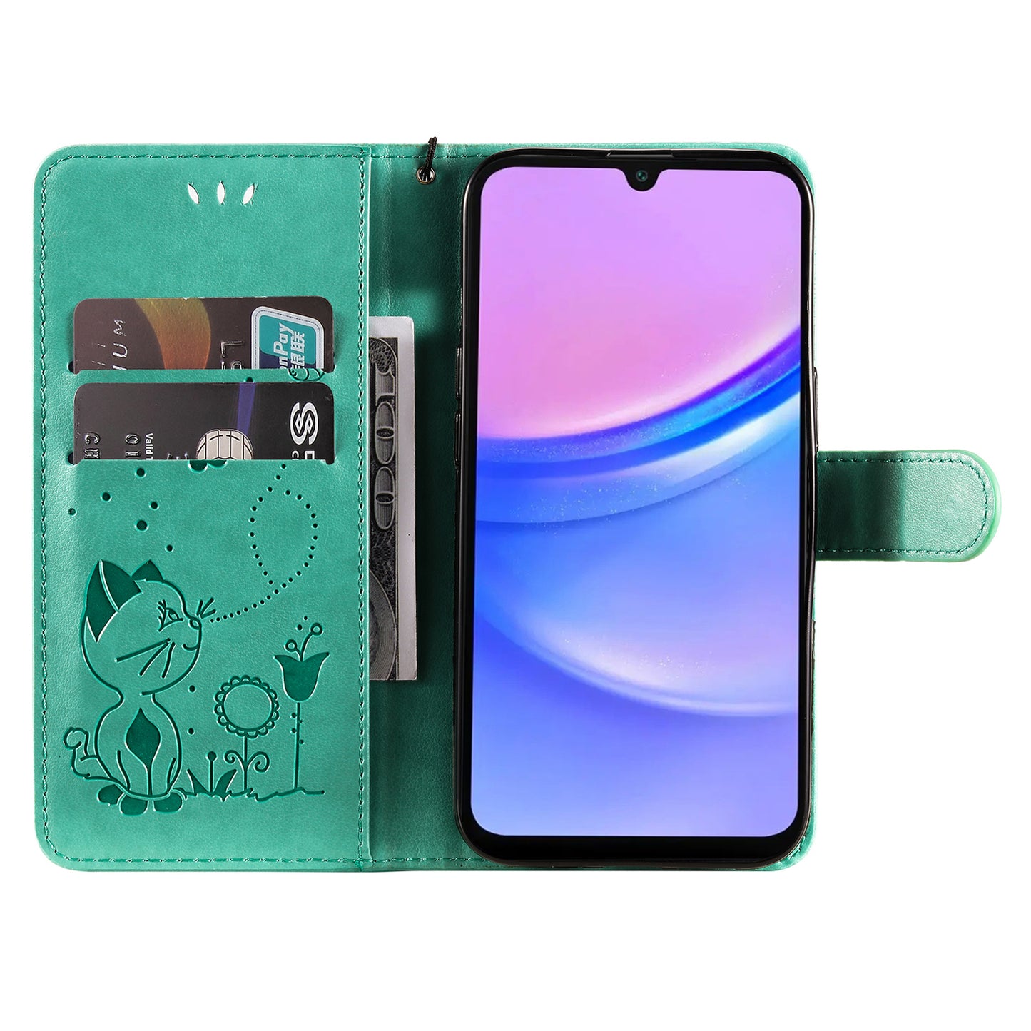 KT Imprinting Flower Series-4 For Samsung Galaxy A16 5G / A16 4G Case Cat Bee Pattern Flip Leather Phone Cover - Green