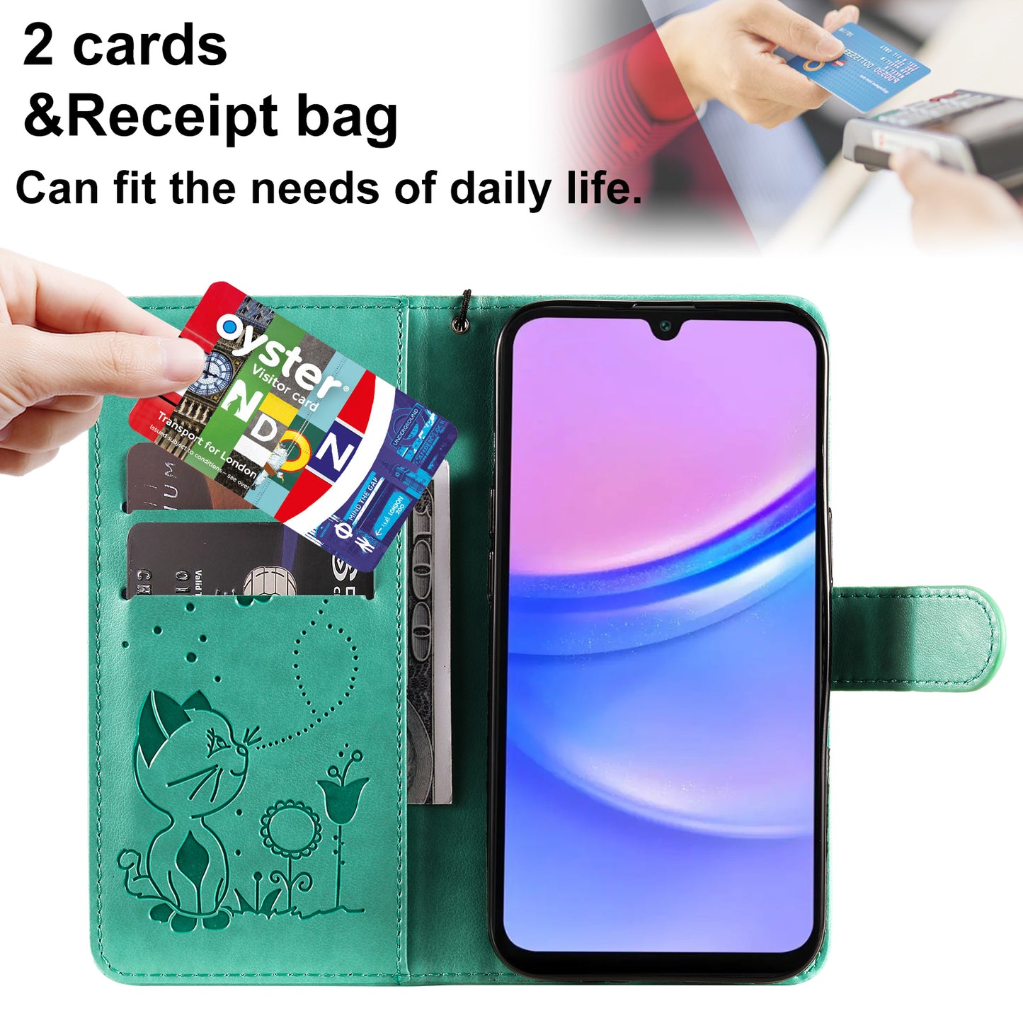 KT Imprinting Flower Series-4 For Samsung Galaxy A16 5G / A16 4G Case Cat Bee Pattern Flip Leather Phone Cover - Green