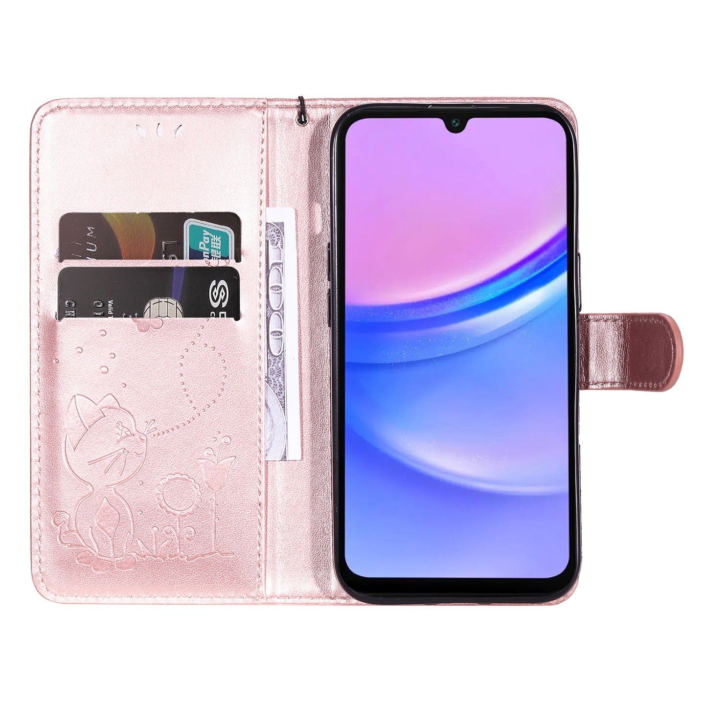 KT Imprinting Flower Series-4 For Samsung Galaxy A16 5G / A16 4G Case Cat Bee Pattern Flip Leather Phone Cover - Rose Gold