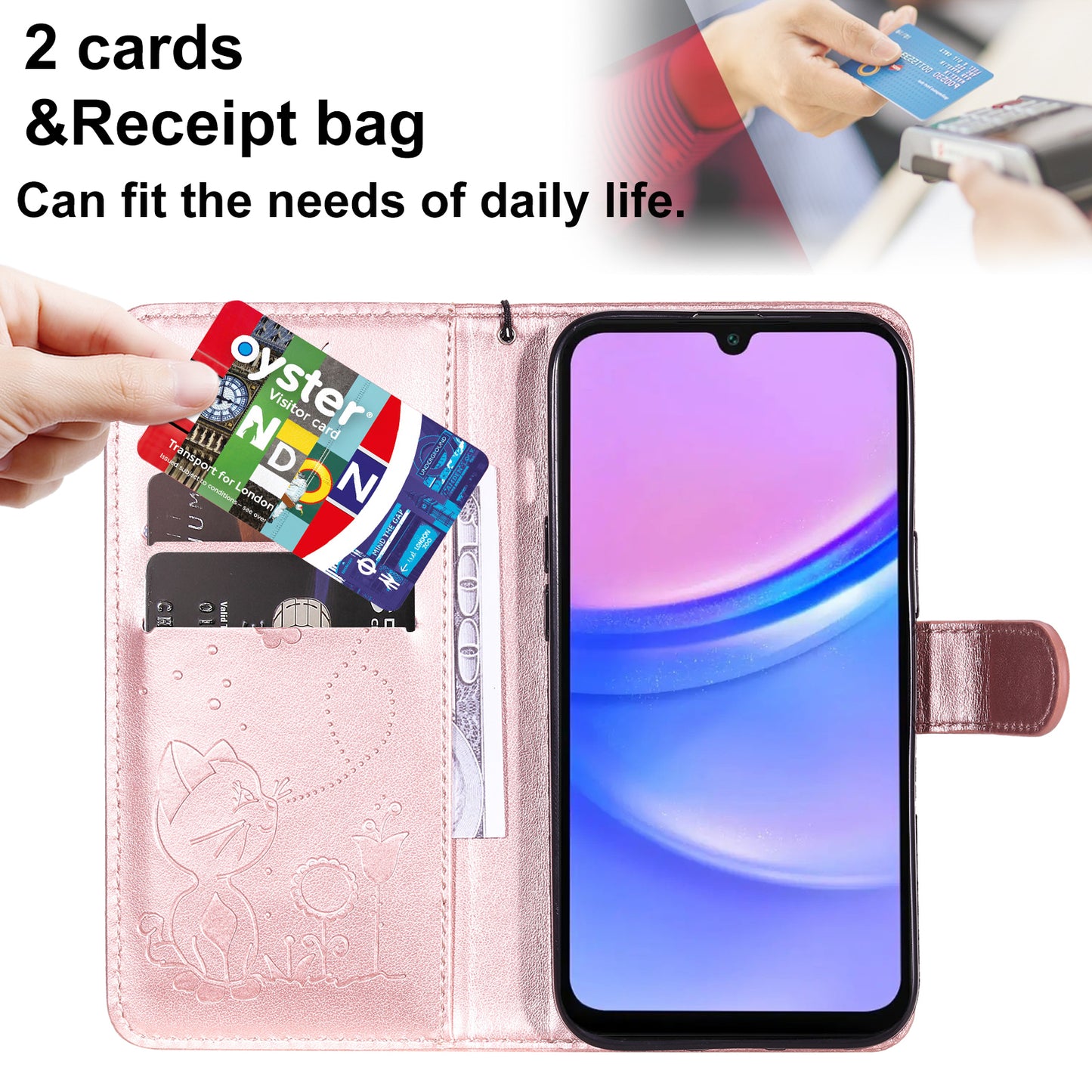 KT Imprinting Flower Series-4 For Samsung Galaxy A16 5G / A16 4G Case Cat Bee Pattern Flip Leather Phone Cover - Rose Gold