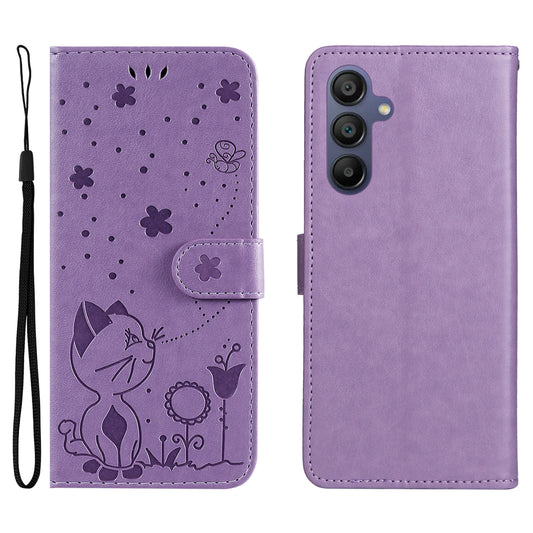 KT Imprinting Flower Series-4 For Samsung Galaxy A16 5G / A16 4G Case Cat Bee Pattern Flip Leather Phone Cover - Light Purple