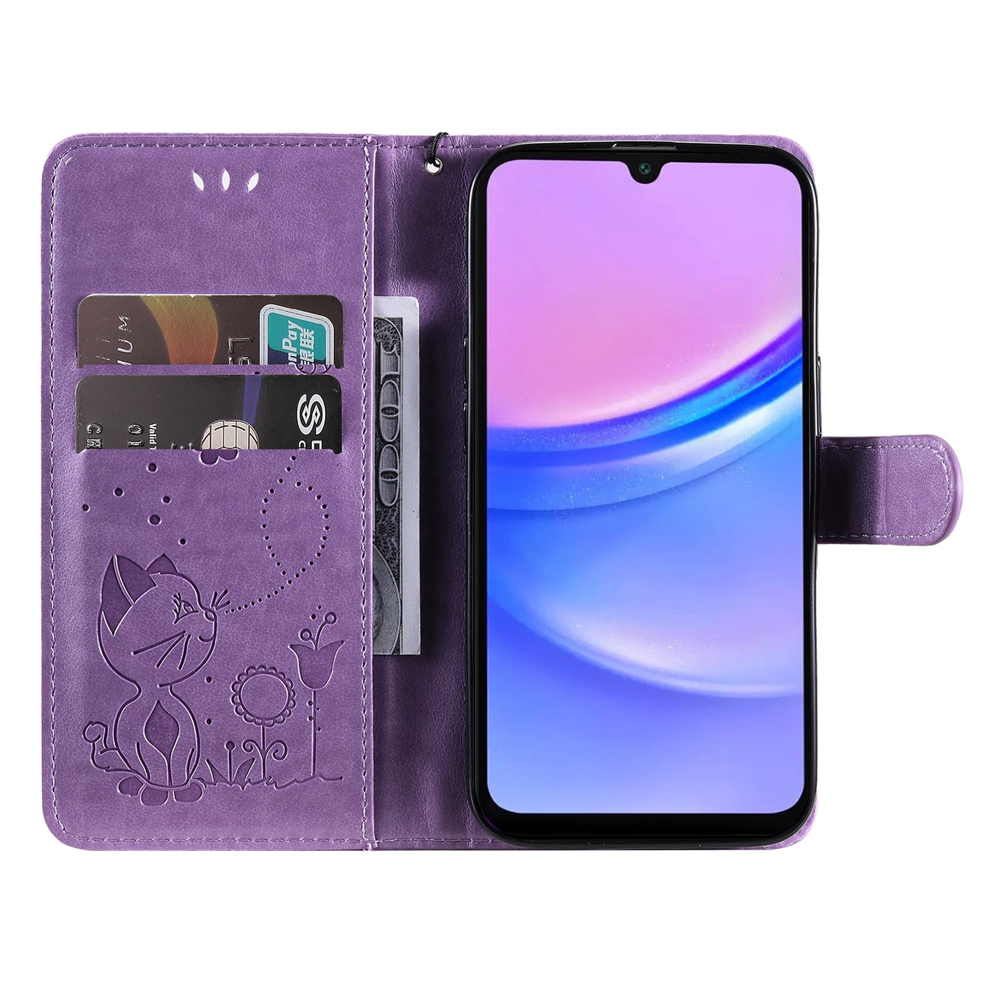 KT Imprinting Flower Series-4 For Samsung Galaxy A16 5G / A16 4G Case Cat Bee Pattern Flip Leather Phone Cover - Light Purple