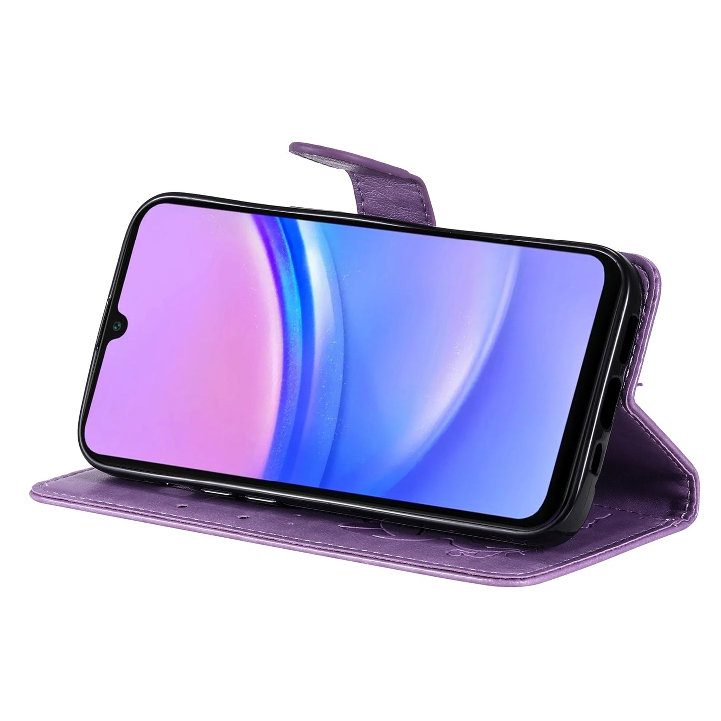 KT Imprinting Flower Series-4 For Samsung Galaxy A16 5G / A16 4G Case Cat Bee Pattern Flip Leather Phone Cover - Light Purple