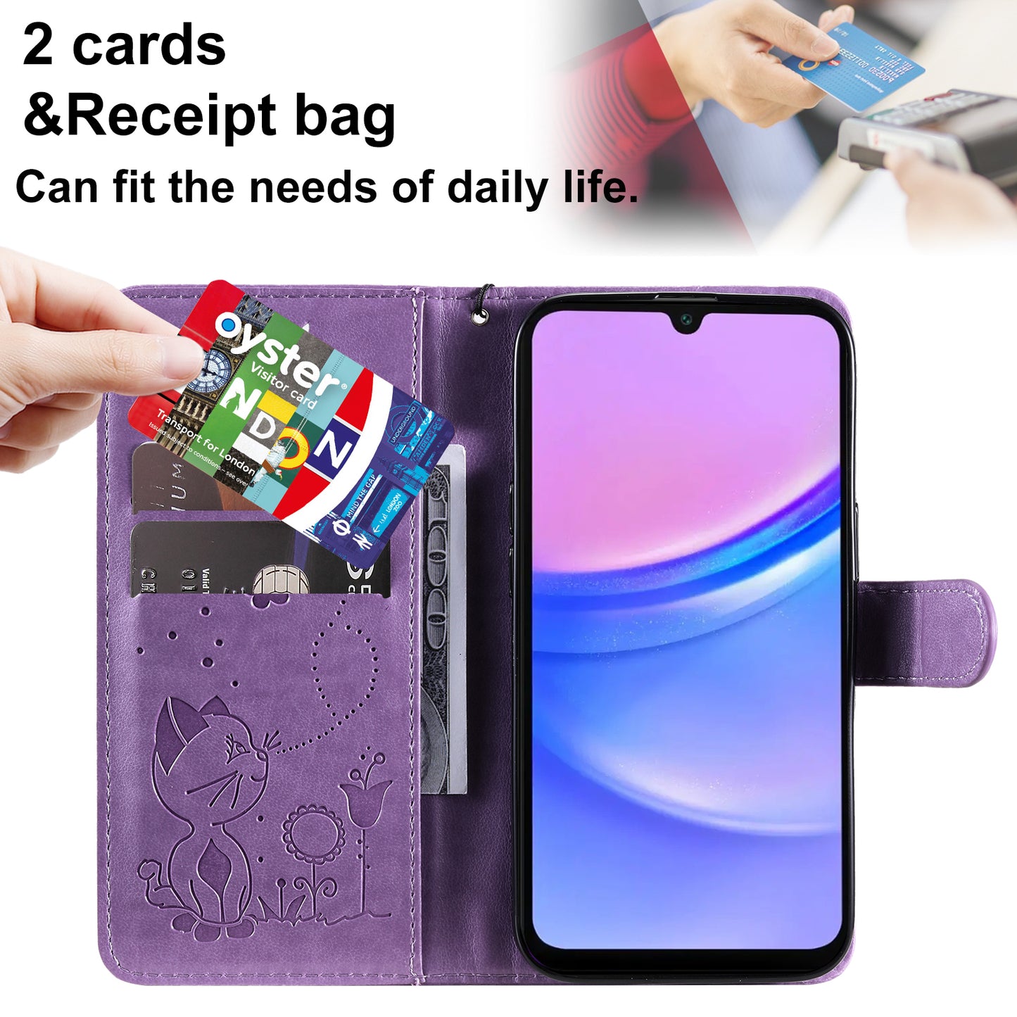 KT Imprinting Flower Series-4 For Samsung Galaxy A16 5G / A16 4G Case Cat Bee Pattern Flip Leather Phone Cover - Light Purple