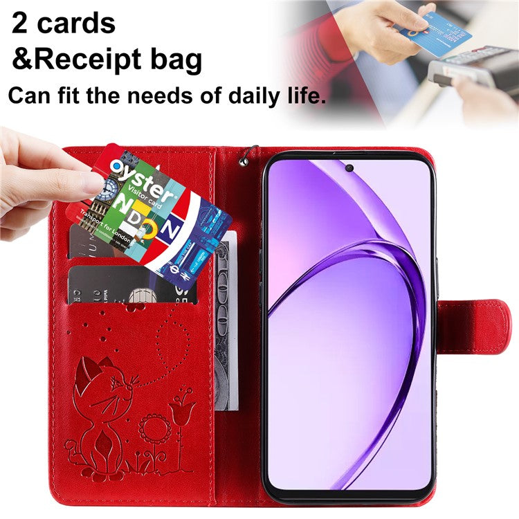 KT Imprinting Flower Series-4 For Oppo A3 Pro (Global) 5G Case Cat Bee Pattern Flip Leather Phone Cover - Red