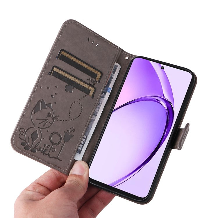KT Imprinting Flower Series-4 For Oppo A3 Pro (Global) 5G Case Cat Bee Pattern Flip Leather Phone Cover - Grey