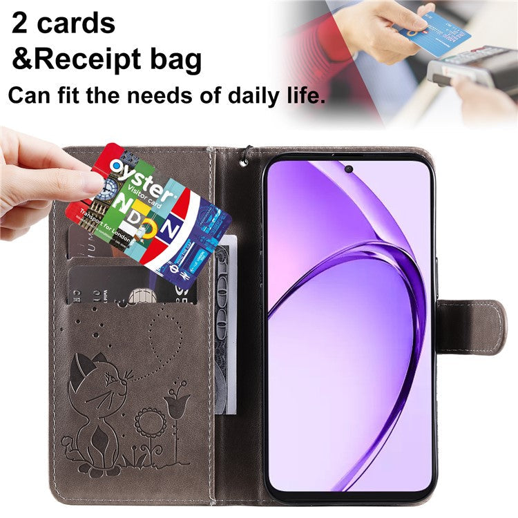 KT Imprinting Flower Series-4 For Oppo A3 Pro (Global) 5G Case Cat Bee Pattern Flip Leather Phone Cover - Grey