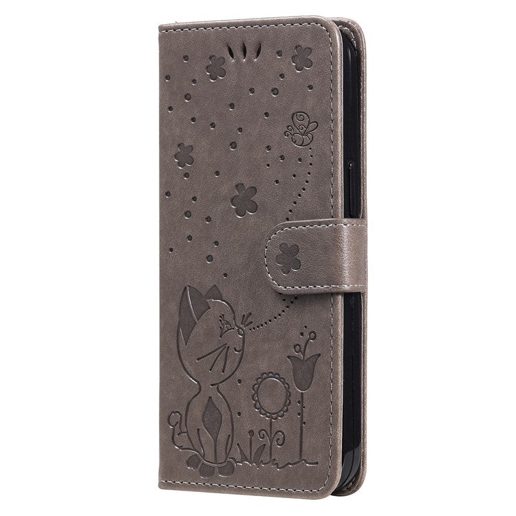 KT Imprinting Flower Series-4 For Oppo A3 Pro (Global) 5G Case Cat Bee Pattern Flip Leather Phone Cover - Grey