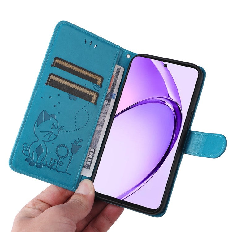 KT Imprinting Flower Series-4 For Oppo A3 Pro (Global) 5G Case Cat Bee Pattern Flip Leather Phone Cover - Blue