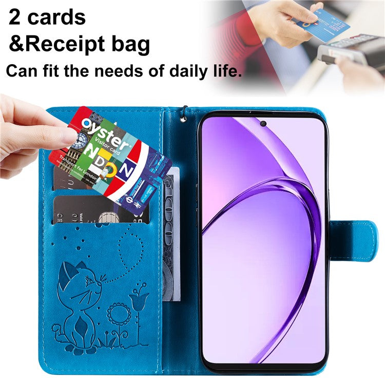 KT Imprinting Flower Series-4 For Oppo A3 Pro (Global) 5G Case Cat Bee Pattern Flip Leather Phone Cover - Blue