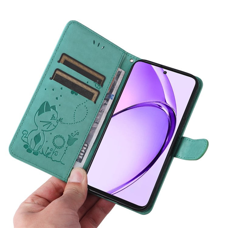 KT Imprinting Flower Series-4 For Oppo A3 Pro (Global) 5G Case Cat Bee Pattern Flip Leather Phone Cover - Green