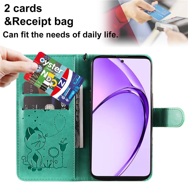 KT Imprinting Flower Series-4 For Oppo A3 Pro (Global) 5G Case Cat Bee Pattern Flip Leather Phone Cover - Green
