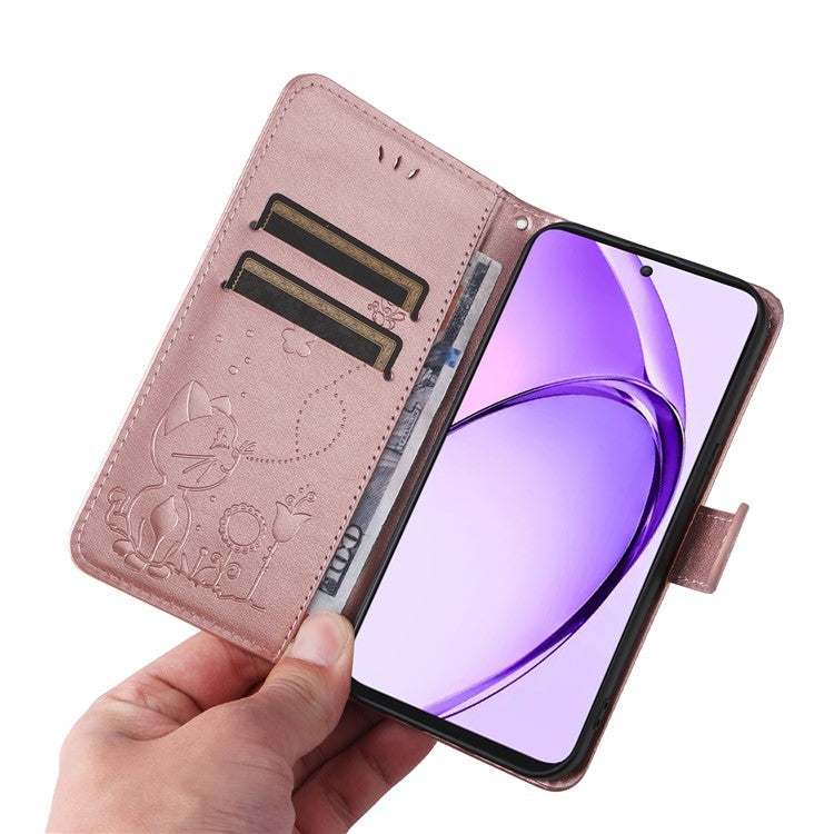 KT Imprinting Flower Series-4 For Oppo A3 Pro (Global) 5G Case Cat Bee Pattern Flip Leather Phone Cover - Rose Gold