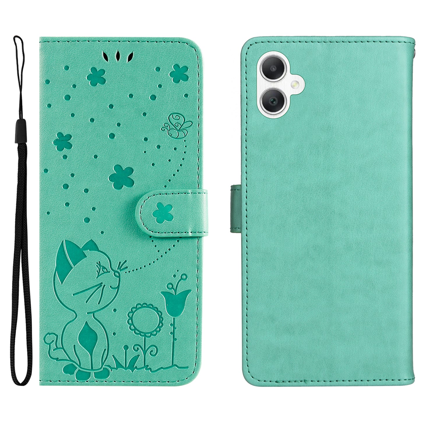 KT Imprinting Flower Series-4 For Samsung Galaxy A06 Case Cat Bee Pattern Flip Leather Phone Cover - Green