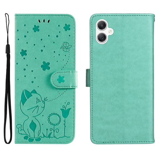 KT Imprinting Flower Series-4 For Samsung Galaxy A06 Case Cat Bee Pattern Flip Leather Phone Cover - Green