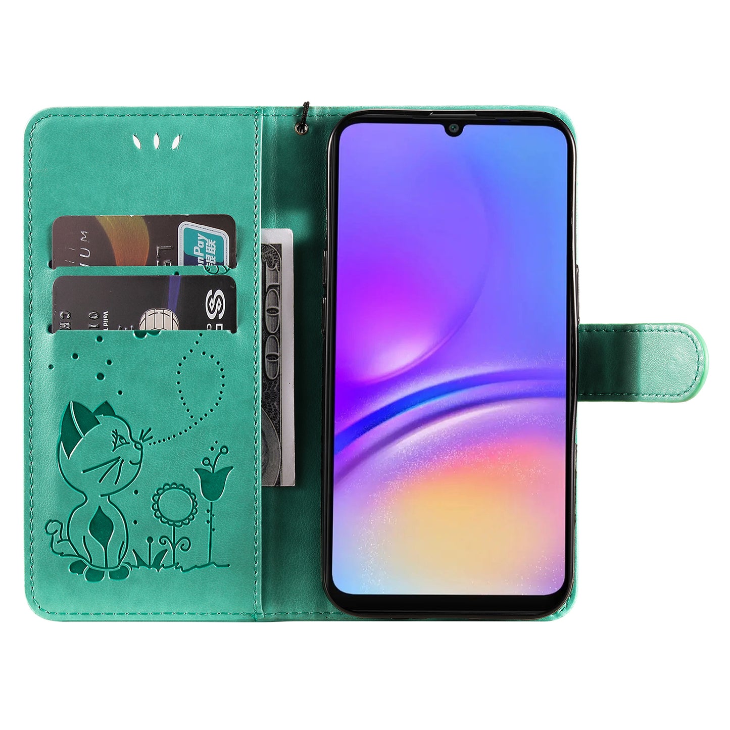 KT Imprinting Flower Series-4 For Samsung Galaxy A06 Case Cat Bee Pattern Flip Leather Phone Cover - Green