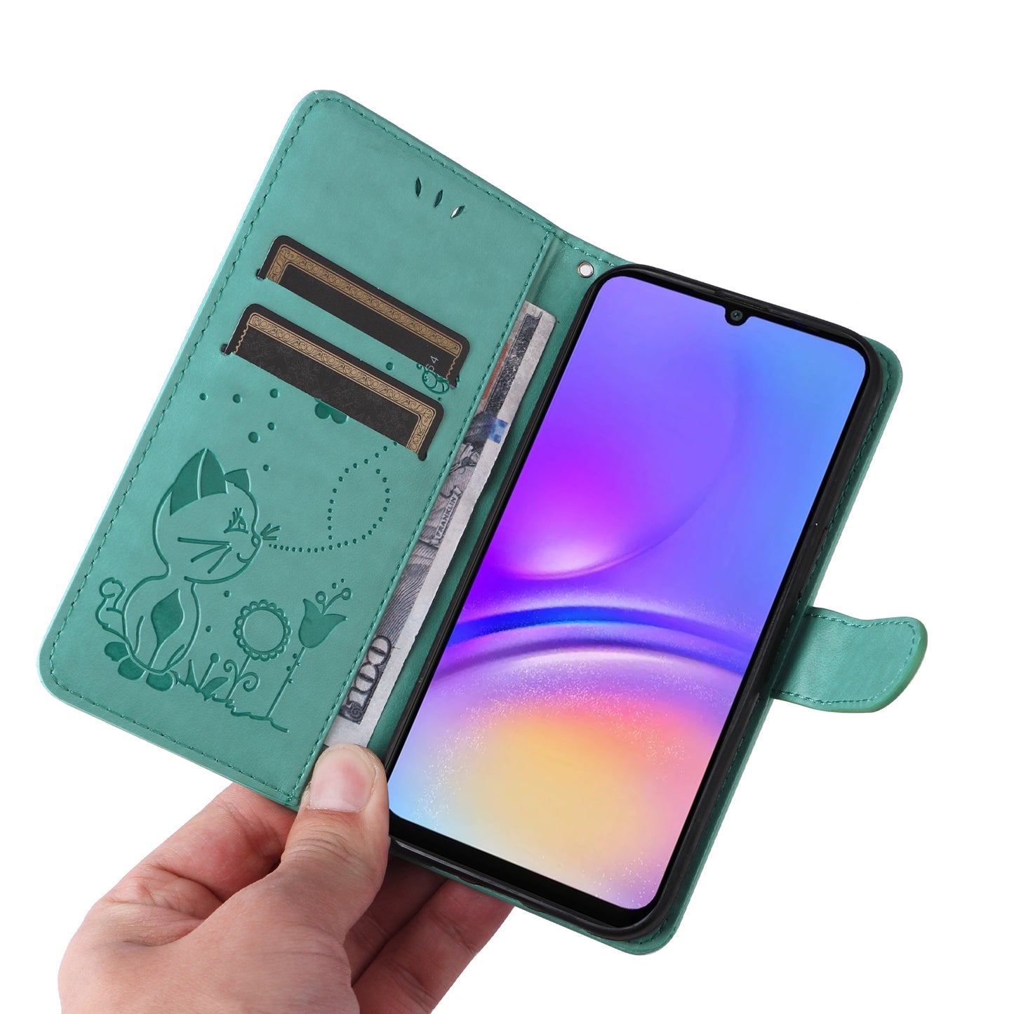 KT Imprinting Flower Series-4 For Samsung Galaxy A06 Case Cat Bee Pattern Flip Leather Phone Cover - Green