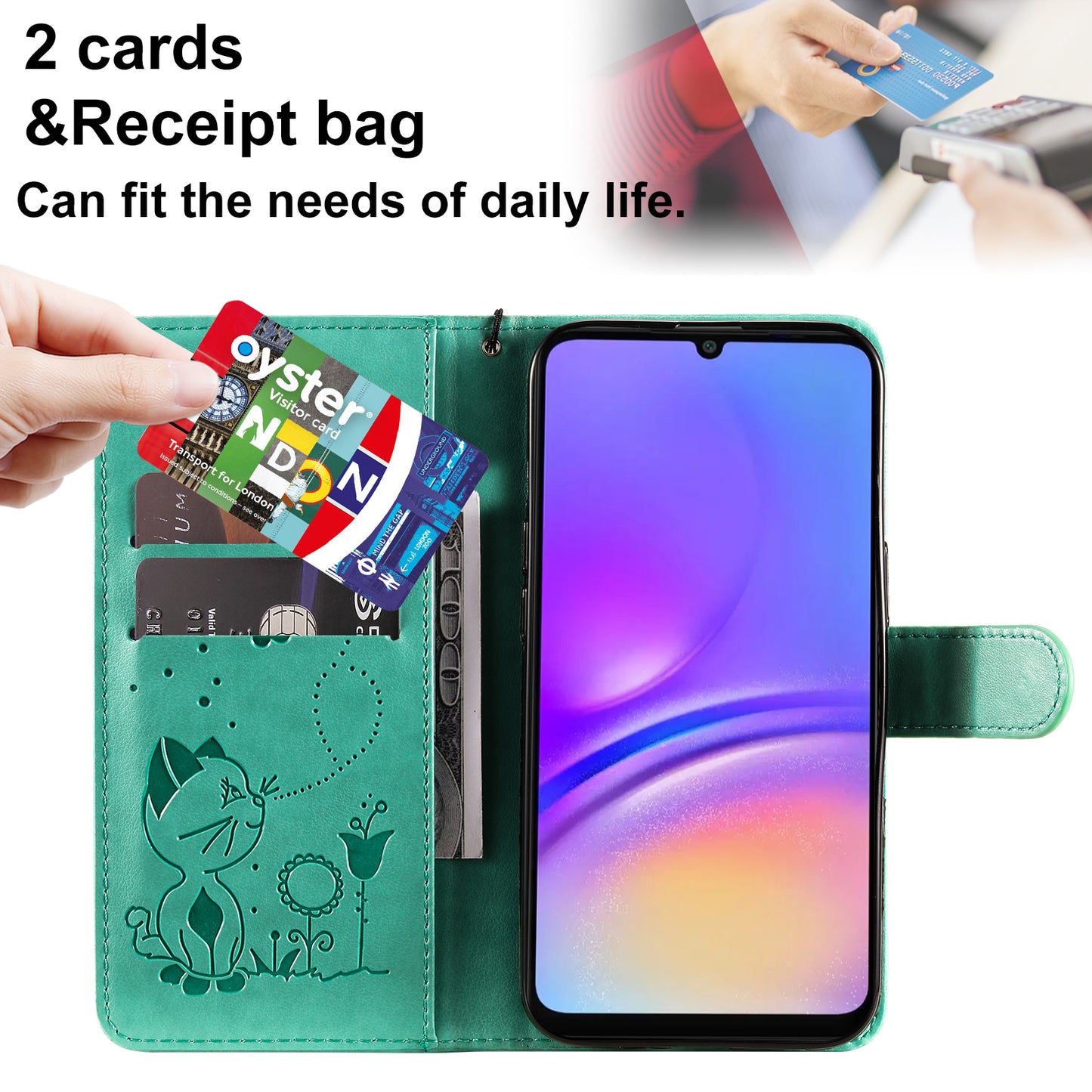 KT Imprinting Flower Series-4 For Samsung Galaxy A06 Case Cat Bee Pattern Flip Leather Phone Cover - Green