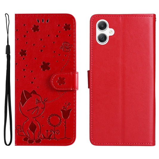 KT Imprinting Flower Series-4 For Samsung Galaxy A06 Case Cat Bee Pattern Flip Leather Phone Cover - Red