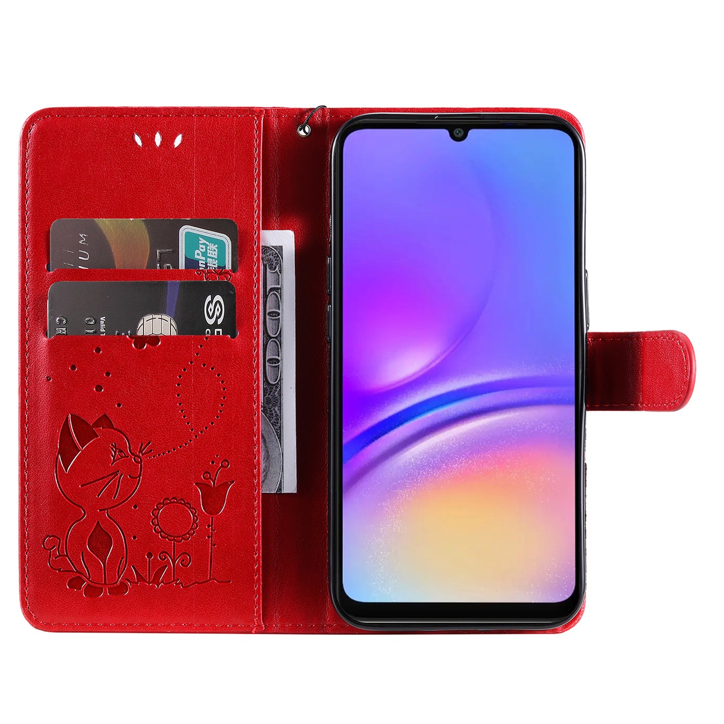 KT Imprinting Flower Series-4 For Samsung Galaxy A06 Case Cat Bee Pattern Flip Leather Phone Cover - Red