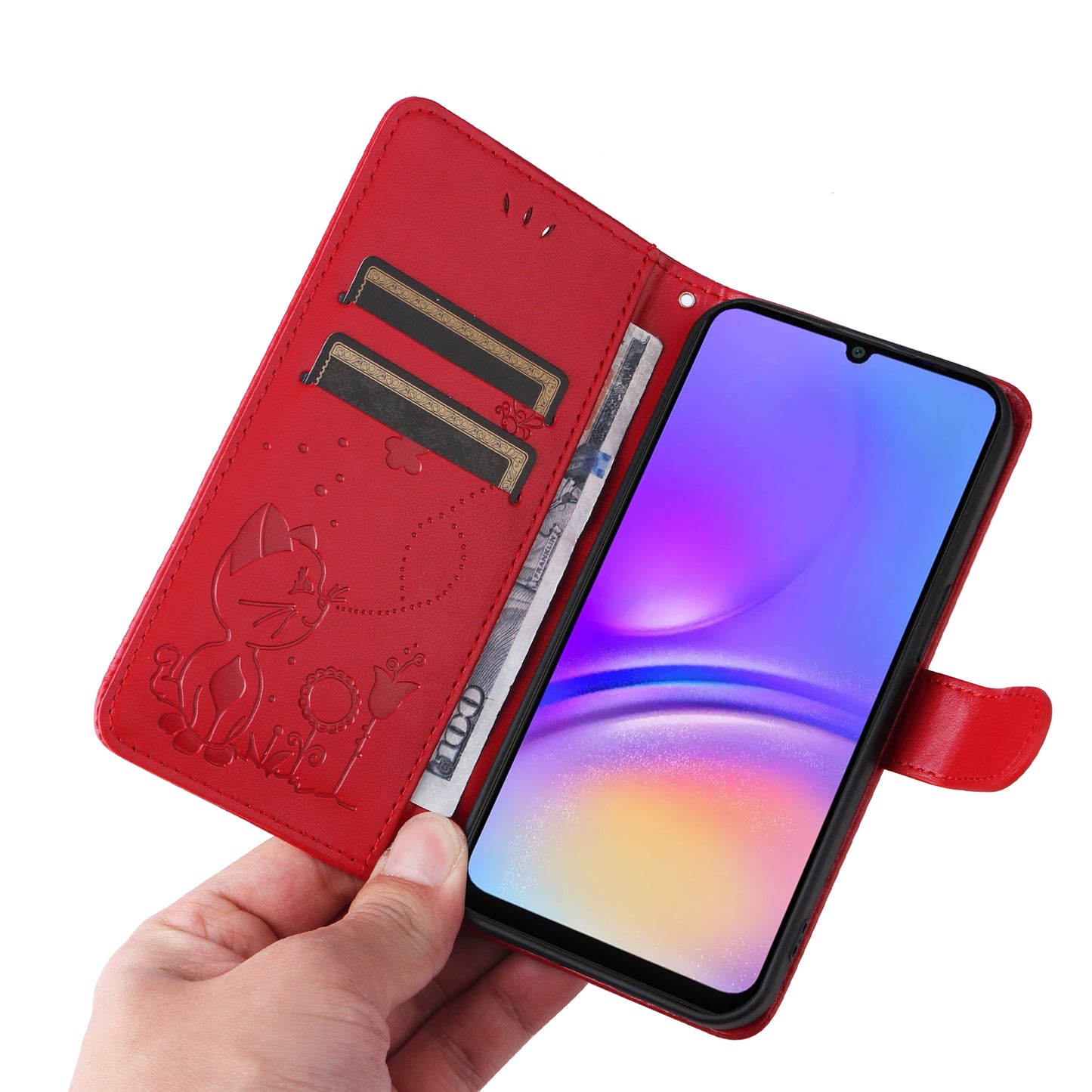 KT Imprinting Flower Series-4 For Samsung Galaxy A06 Case Cat Bee Pattern Flip Leather Phone Cover - Red