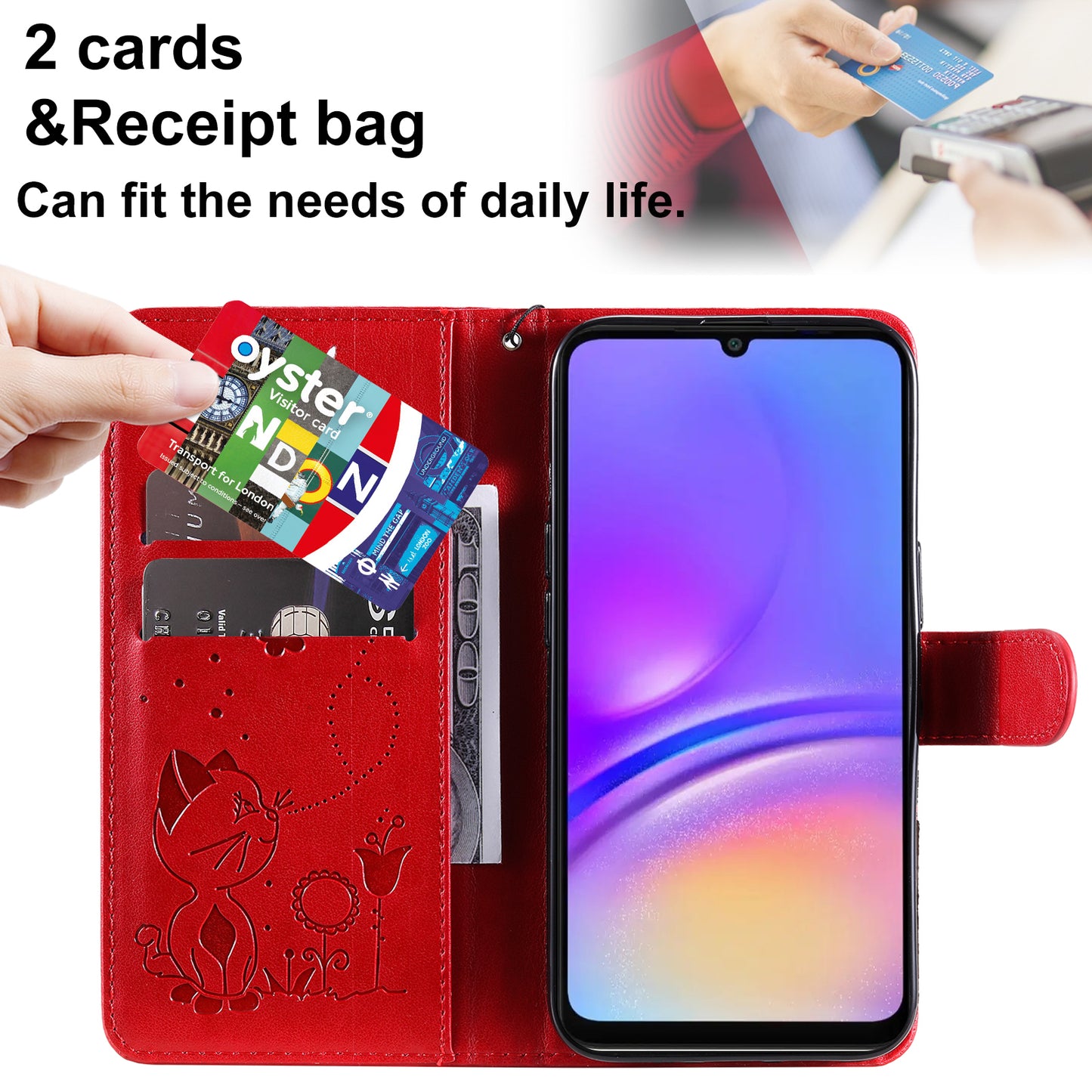 KT Imprinting Flower Series-4 For Samsung Galaxy A06 Case Cat Bee Pattern Flip Leather Phone Cover - Red